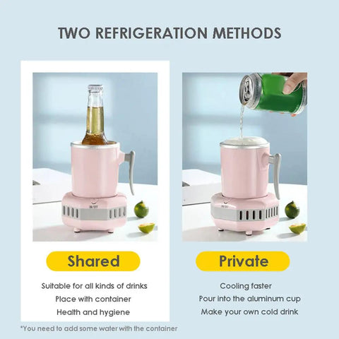 Your Daily Driver Chiller That Keeps Sips Frosty Without The Ice Hassle Mini Portable Cooler showing two refrigeration methods for drinks.