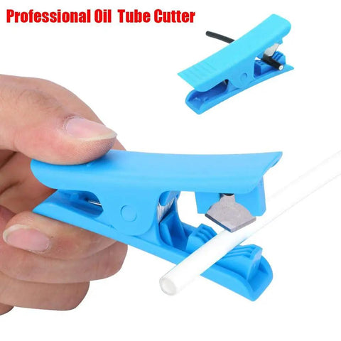 Portable MTB Hydraulic Brake Line Cutter For Bike Disc Brakes in use, cutting a white hydraulic hose with a blue ABS body