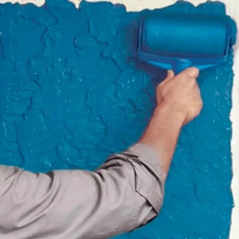 Person using the 8 Piece Multifunctional Paint Roller Corner Brush Kit, applying blue paint on a textured wall.