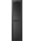 Lifetime Vinyl Open Louver Shutters With Cathedral Top Center Mullion, 14-1/2" x 36", Black, front view with woodgrain texture.