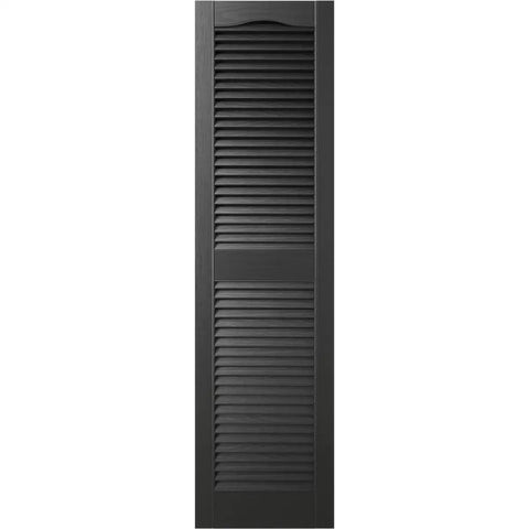 Lifetime Vinyl Open Louver Shutters With Cathedral Top Center Mullion, 14-1/2" x 36", Black, front view with woodgrain texture.