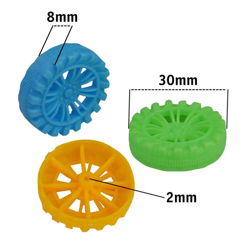 Bulk 100 Plastic Wheels And 50 Steel Axles Set For STEM Projects And DIY Cars And Crafts with blue, green, yellow wheels