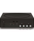 Front view of Versatile Home Audio Amplifier For Any Setup From Your Turntable To Outdoor Speakers Powers Vinyl CDs Stored Audio Files And Streaming And Even Expands Your Backyard Entertainment Black, showing inputs and controls.