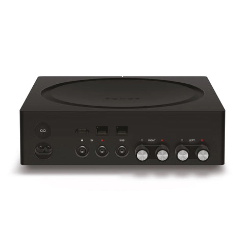 Front view of Versatile Home Audio Amplifier For Any Setup From Your Turntable To Outdoor Speakers Powers Vinyl CDs Stored Audio Files And Streaming And Even Expands Your Backyard Entertainment Black, showing inputs and controls.