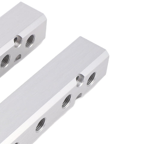 Six Way Eight Port Aluminum Air Manifold Distribution Block With One Quarter Inch NPT Output And One Half Inch NPT Supply Port
