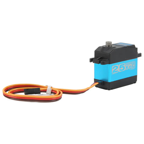 Heavy Duty All Metal Digital Servo Packed With Hella Strong 25kg Torque And Quick 180 Rotation For Water Resistant Rc Crawler Truck Parts And Off Road Mods, featuring coreless motor and colorful wires.
