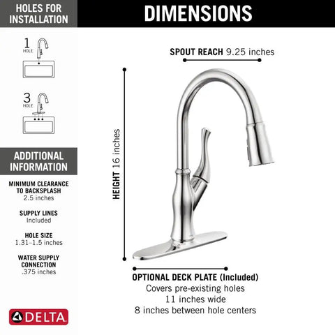 Diagram showing dimensions of Ophelia Chrome Kitchen Faucet With Pull Down Sprayer, high arc design, single handle, 16-inch height.