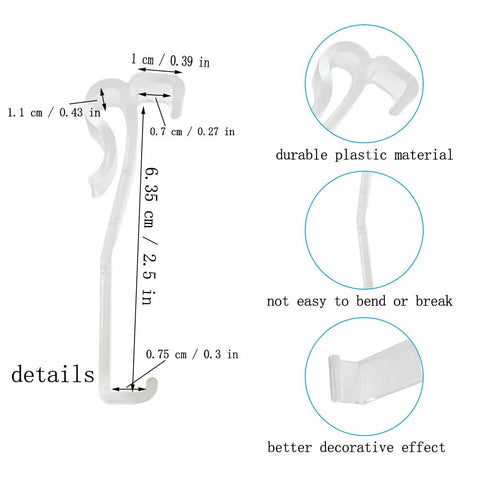 Detailed view of Twelve Pack Transparent Valance Clips For Window Blinds showing dimensions and durable plastic material.