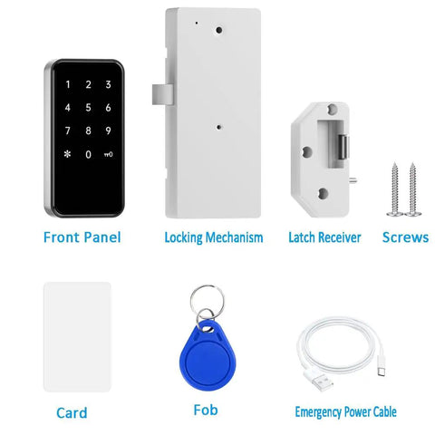 Heavy Duty RFID Lock For Gym Lockers With Password And Keycard Access Secure Cabinet Padlock For Office Drawers components including keypad, locking mechanism, and accessories.