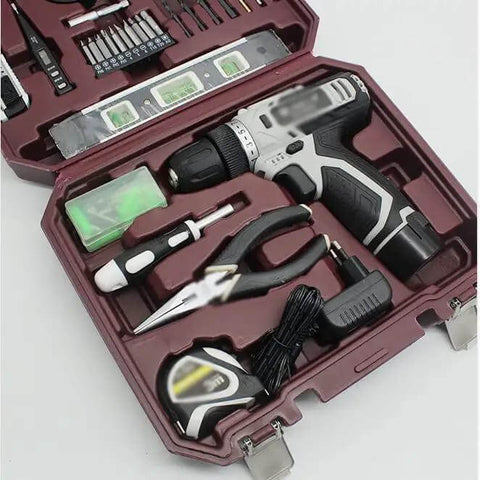 Top Shelf 12V Lithium Cordless Drill Power Tool Set With 58 Pcs Heavy Duty Carbon Steel Bits And Metric Screwdriver Bits in a case. 