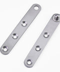Massive 4 Piece Stainless Steel Concealed Door Pivot Hinges Packed With Smooth 360 Rotating Swivel Mechanisms Built Like A Tank For Rock Solid Cabinet And Shelving - close-up of two stainless steel pivot hinges with holes.