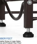 Heavy Duty Steel 5 Gallon Water Jug Rack adjustable rubber feet close-up, dark brown finish for stability and floor protection