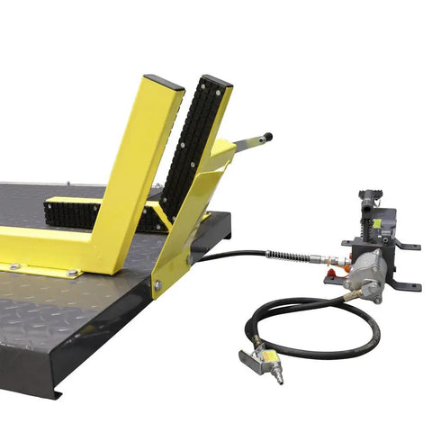 Heavy Duty Motorcycle And Atv Lift Platform Boasting 1500 Lb Capacity Knockout Wheel Vise Dual Hydraulic Air Power Rig Reinforced Steel Deck Full Swivel Casters Beefy Garage Workhorse