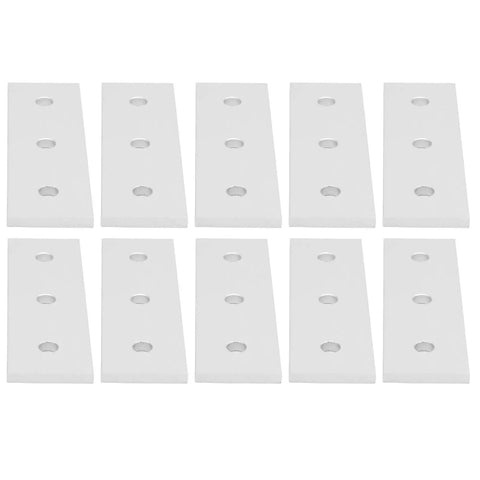 Heavy Duty Aluminum Joining Plates For Wood 3 Hole Flat Connectors 10 Pack arranged in a row, showcasing flat design and holes for fastening.