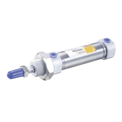 Badass Heavy Duty Stainless Steel Single Acting Pneumatic Cylinder 20mm Bore X 75mm Stroke shown at an angle with visible rubber buffer.