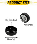 Product size details showing 28mm diameter wheel and 2mm shaft fitting for 40 Piece Plastic Toy Wheels With Metal Shafts And Axles For RC Cars DIY Model Building Projects 28mm Wheel Diameter 2mm Shaft Hole 100mm Axles For Robots Drones Helicopters
