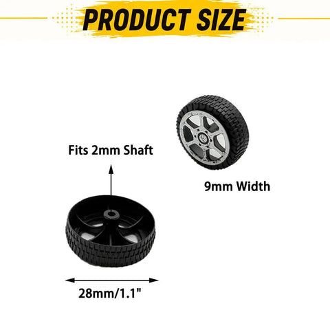Product size details showing 28mm diameter wheel and 2mm shaft fitting for 40 Piece Plastic Toy Wheels With Metal Shafts And Axles For RC Cars DIY Model Building Projects 28mm Wheel Diameter 2mm Shaft Hole 100mm Axles For Robots Drones Helicopters