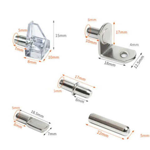 Heavy Duty Shelf Brackets For Cabinets And Shelves, Sturdy Metal Support Pins And Pegs, detailed dimensions on white background