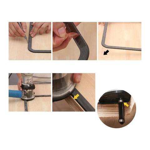 Photographs demonstrating the setup of the Rock Solid Heavy Duty Router Lift With Aluminum Table Insert Plate For Woodworking Shops.