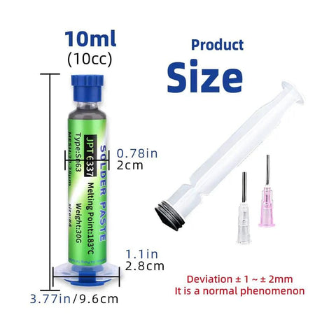 Sn63 Pb37 tin solder paste showing 10cc syringe size with nozzle details for PCB IC BGA SMD repair flux 183 C melting point