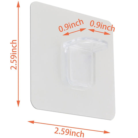 Drill-Free Self Adhesive Shelf Brackets 12 Pack Sturdy Cabinet Clips For Bookshelves Wardrobes And Kitchen Shelves Transparent No Residue Easy Wall Safe Installation, dimensions shown