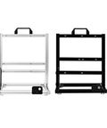 Front view of two aluminum open frame PC test bench cases for ATX motherboards, stackable rack chassis, vertical overclocking ready.