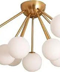 Large 9 Light Globe Ceiling Light Fixture Brushed Brass Sputnik Style Semi Flush Mount With White Glass Globes For Living Room Modern Mid Century Vibe Gold Finish