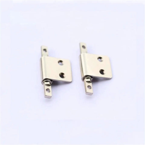 Front view of a pair of carbon steel torque hinges with mounting tabs and screw holes, silver finish