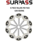 Garage Door Hardware Kit With Nylon Rollers Hinges Top Brackets And Seven Foot Cable Rope For Sixteen By Seven And Eighteen By Seven Double Doors Durable And Quiet Replacement With Reinforced Nylon Rollers And Rust Resistant Hardware, showing 10 white nylon rollers with 6200 bearings.