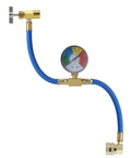 R134A Refrigerant Charge Hose Kit With Gauge For Car AC, brass and rubber hose with 100 psi gauge and quick coupler visible.