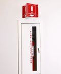 Projecting Fire Extinguisher Sign With Down Arrow, Two Sided Wall Mount Corridor V Sign, Polished Acrylic White On Red, Installed