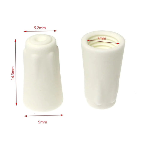 Front view: two white ceramic wire connector caps, small size for 22-14 AWG cables, 14.3mm tall.