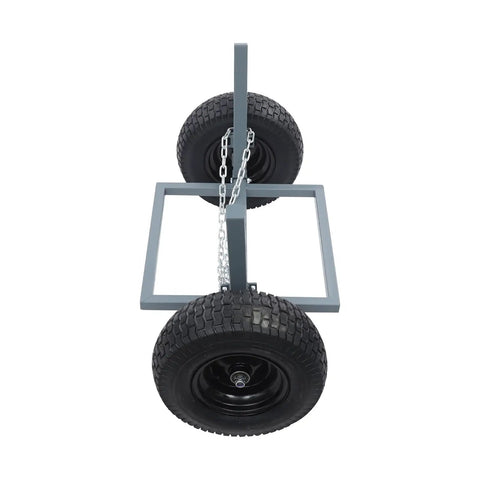 Beefed Up Heavy Duty Log Dolly With Tow Chain, 1500 Lb Capacity Firewood Cart viewed from above showcasing 16 inch rubber tires.