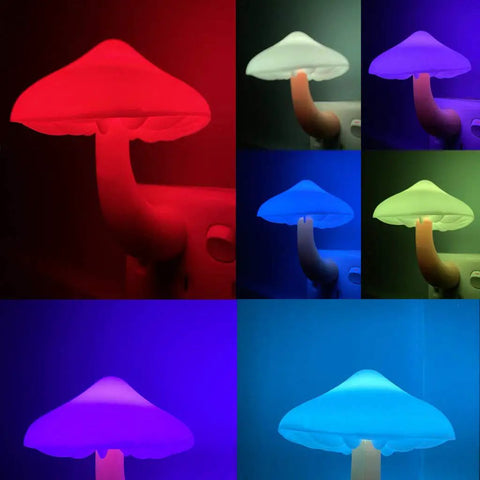 3 Pack Plug In LED Mushroom Night Lights With Dusk To Dawn Sensor, 7 color changing, showing red, white, blue, and green hues