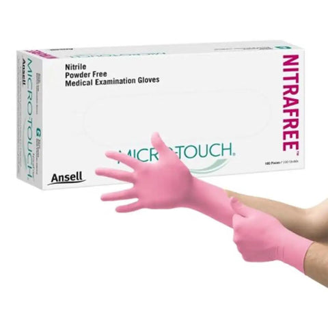 Microtouch NitraFree Nitrile Gloves Medium 100 Per Box For Tough Puncture And Chemical Protection with glove box and pink gloves