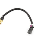 Coolant temperature sensor with brass threaded probe, ribbed black harness, pink-locked plastic connector