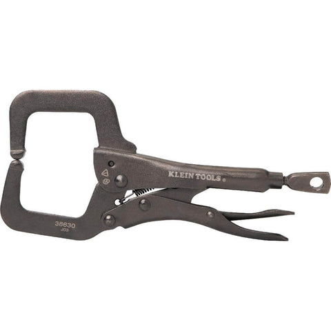 6 Inch C Clamp Locking Pliers With Standard Jaws And Intuitive Thumb Knob, metal construction, side view, heavy duty grip.
