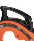 Close-up of 50 Foot Electrical Fish Tape Pro Grade With Steel Wire Puller, showing handle and optimized housing, heavy duty cable pull tool.