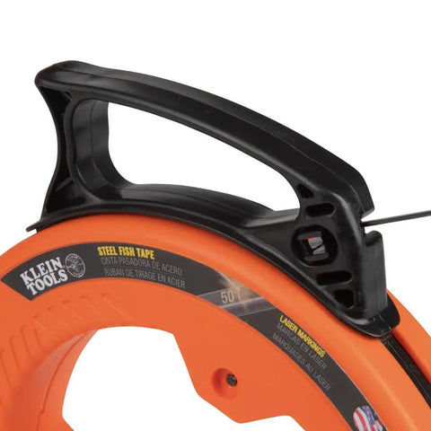 Close-up of 50 Foot Electrical Fish Tape Pro Grade With Steel Wire Puller, showing handle and optimized housing, heavy duty cable pull tool.