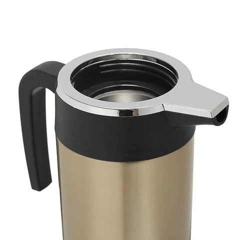Close-up of the lid and spout of Boss 12V Car Truck Electric Heating Kettle Vacuum Stainless Steel Coffee Pot Water Heater Flask.