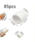 85 Piece Plasma Cutter Consumables Kit Tips Electrodes And Nozzles For PT 31 Cut 40 And Cut 50D with various sizes and materials.