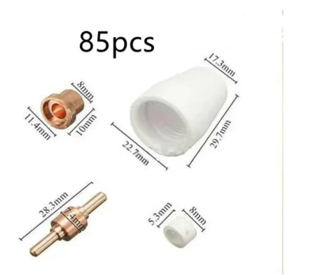 85 Piece Plasma Cutter Consumables Kit Tips Electrodes And Nozzles For PT 31 Cut 40 And Cut 50D with various sizes and materials.