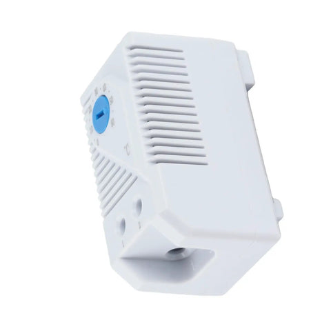 Adjustable 0-60 C Mechanical Thermostat With Normally Closed Switch For Heaters Fans And Control Circuits Rotary Dial Temperature Control For Precise Activation Trigger Easy Dial Setup Auto Shutoff And Safe Startup white plastic DIN rail thermostat with blue dial