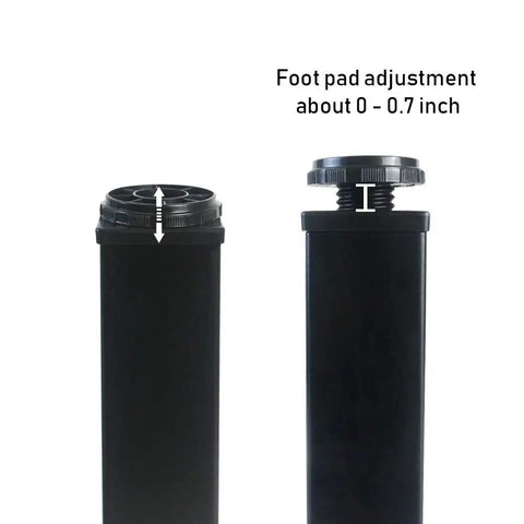 Close-up of foot pad adjustment for Adjustable Black Metal Desk Legs Set Of 4, 2 Inch Diameter, showing 0-0.7 inch leveling capability.