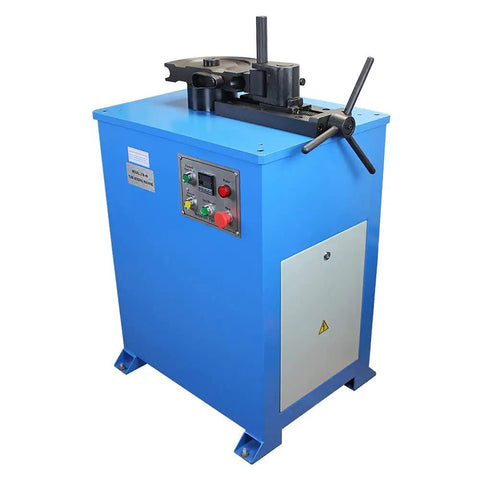 Hardcore Programmable Electric Tube Bender With Smart Plc Auto Manual Toggle 2Hp 220Volt Motor Knocks Out Tubing From 5/8 To 1-1/2 Inch Easy Peasy Includes Pro Grade Die Rack For Any Hustling Workshop. Blue electric tube bender with control panel.
