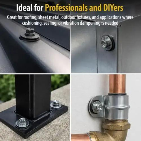 Heavy Duty Number Six EPDM Bonded Sealing Washers With 304 Stainless Steel Core And Tight Rubber Face For Roofing Screws Straight Up Weatherproof Top Shelf Fastening Hardware 500 Pack applied in various outdoor and roofing applications.