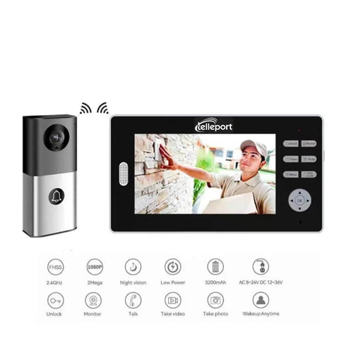 1080P HD Wireless Video Doorbell With 7 Inch Screen No WiFi Needed Visual Monitor Intercom, shown front view with display and icons