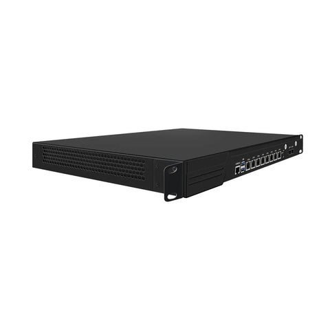 Top Shelf One U Rackmount Firewall Box Running Intel Core I7 9700 With Eight Gigabit Lan Ports And Dual 10G Uplinks Nailed Down For OPNSense Networks Rock Solid Performance Ready To Roll Out Barebone Model, side view.
