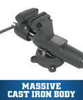 Beefed Up Heavy Duty Bench Vise For Machinists With 6 Inch Jaw Width 10 Inch Opening Five And A Half Inch Throat Locking Swivel Base With Double Lockdowns Sealed Construction For Lifetime Smooth Operation Massive Cast Iron Body And Hardened Steel Jaws. gray cast iron bench vise with locking swivel base