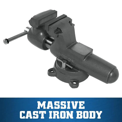Beefed Up Heavy Duty Bench Vise For Machinists With 6 Inch Jaw Width 10 Inch Opening Five And A Half Inch Throat Locking Swivel Base With Double Lockdowns Sealed Construction For Lifetime Smooth Operation Massive Cast Iron Body And Hardened Steel Jaws. gray cast iron bench vise with locking swivel base